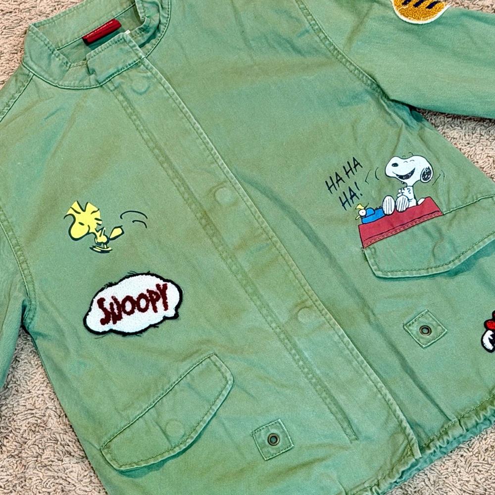 Zara Girls Peanuts Snoopy & Woodstock Green Military Jacket Youth 9/10 - Picture 2 of 6